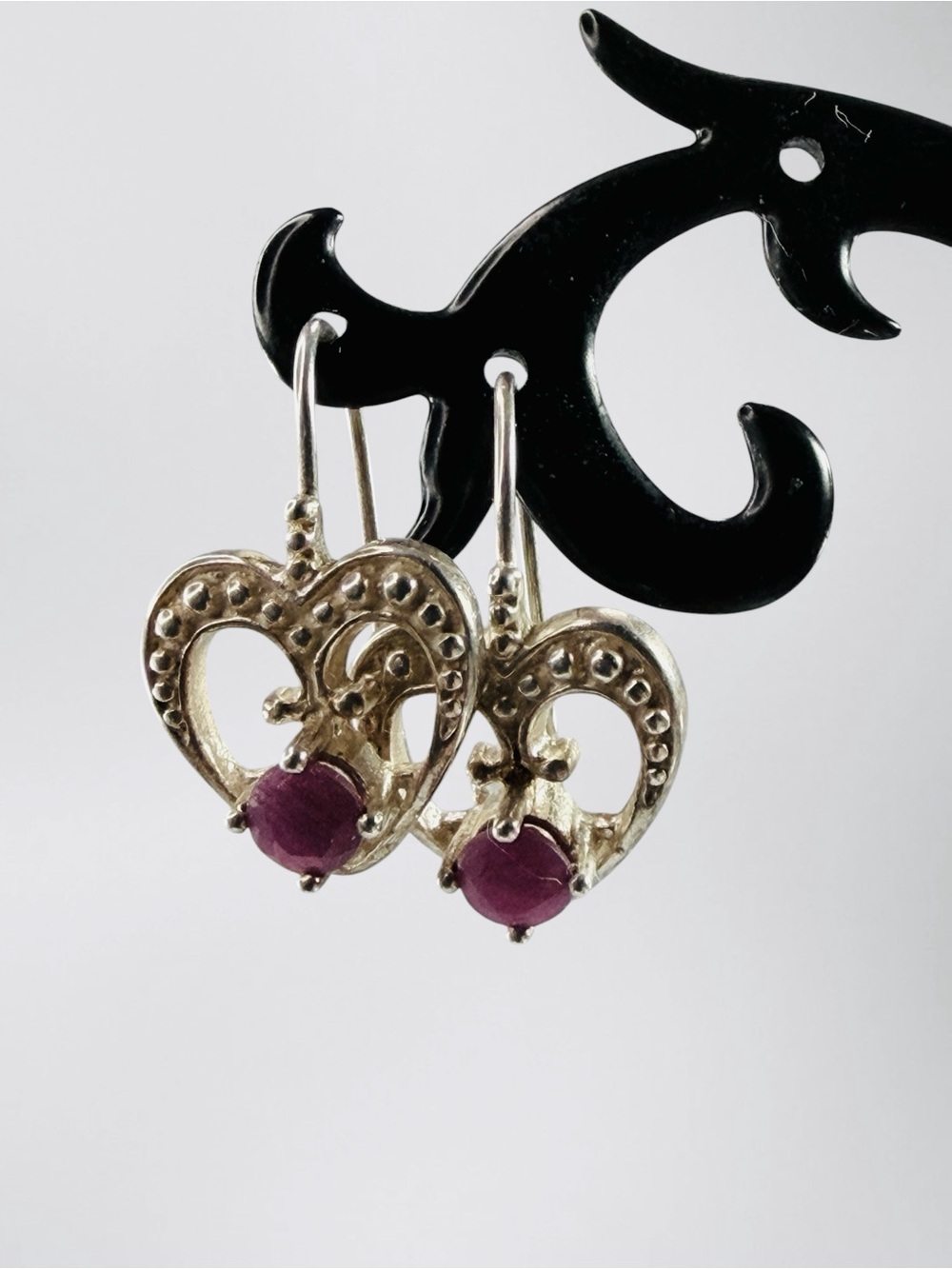 Vintage Nevada Silver Mine NV Sterling 925 Ruby Hook Earrings Victorian Heart
